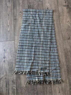 Lambswool  Plaid Fringe Scarf in Blue and Cream made in England